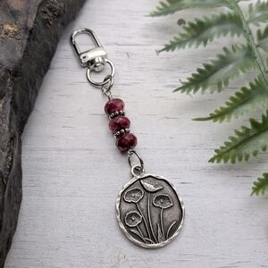 Silver Toned Poppy Flower Keychain / Bag Charm With Red Quartz Beads